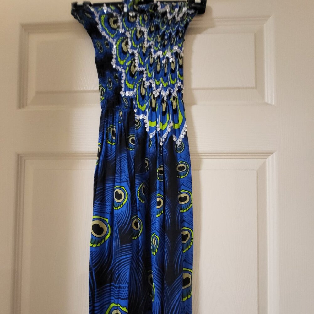 New Bandeau Dress/Coverup in Peacock Print Elastic Top Small